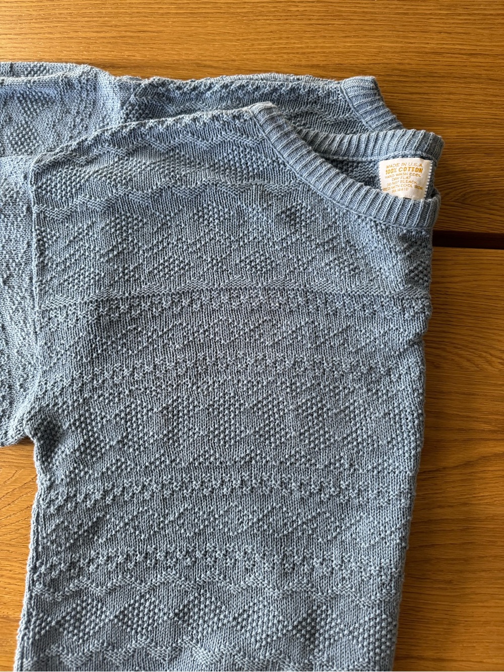 Vintage American-Made 100% Cotton Crew Neck Sweater. Light Blue.Textured Pattern